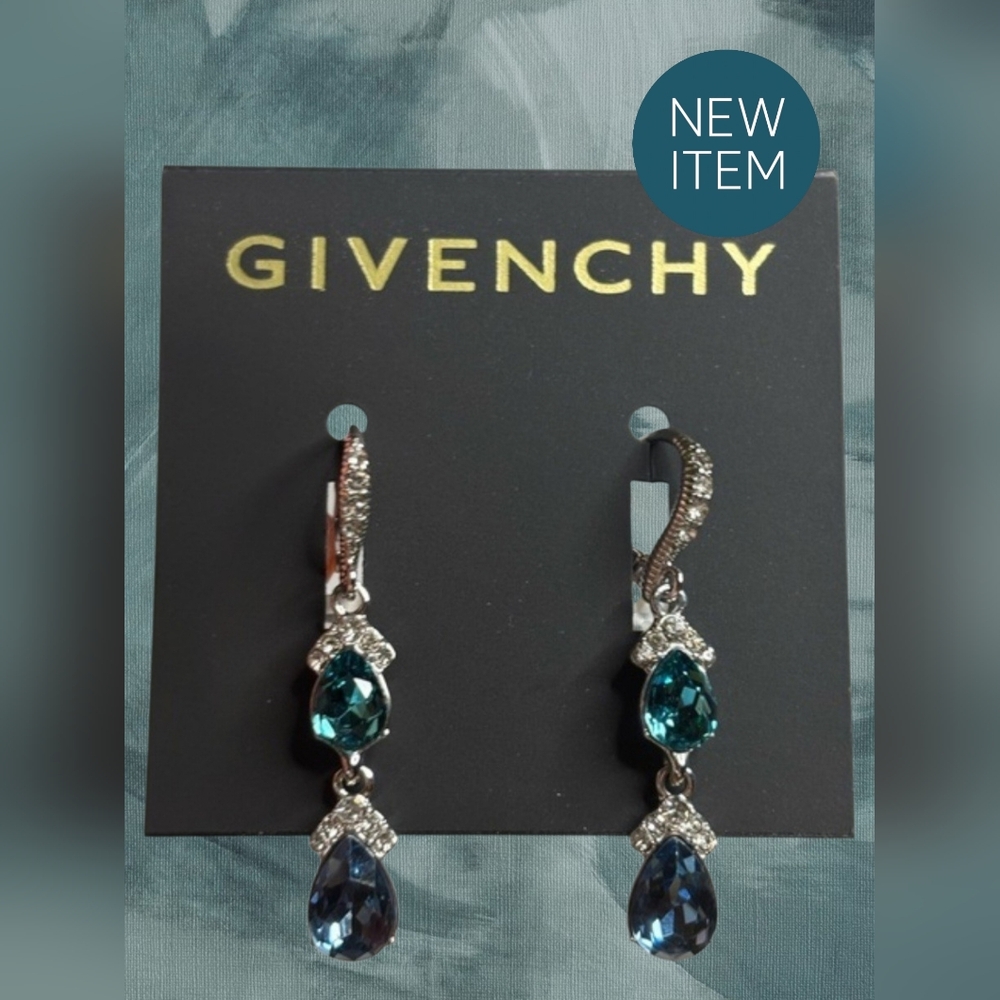 Givenchy Silver Drop Earrings with Teal and Blue Stones - Picture 2 of 4